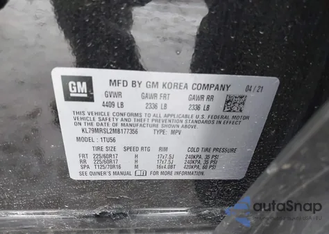 2021 Chevrolet Trailblazer Awd Lt из США, поврежденный, VIN KL79MRSL2MB177356